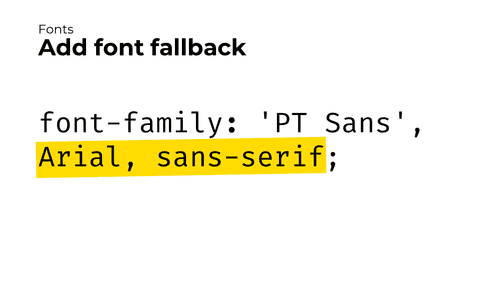 Slide with a CSS rule. The rule reads: font-family: PT Sans, Arial, sans-serif. The “Arial, sans-serif” part is highlighted.